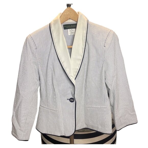 Harve Benard Blue White Seersucker White Collar Single Button Jacket Sz 8 - Picture 1 of 9